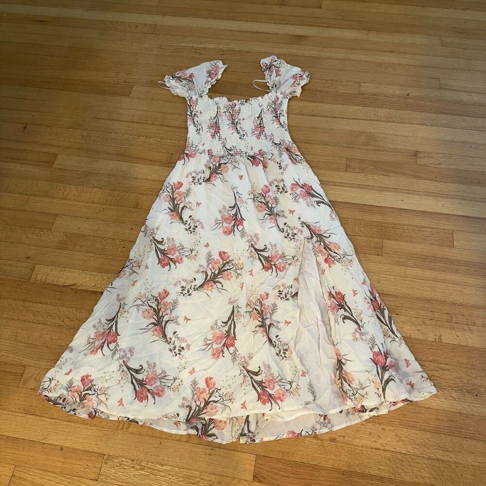 REFORMATION Leila Pink Floral Print INKA Smocked Bodice Slit Crepe Dress M - Picture 12 of 14